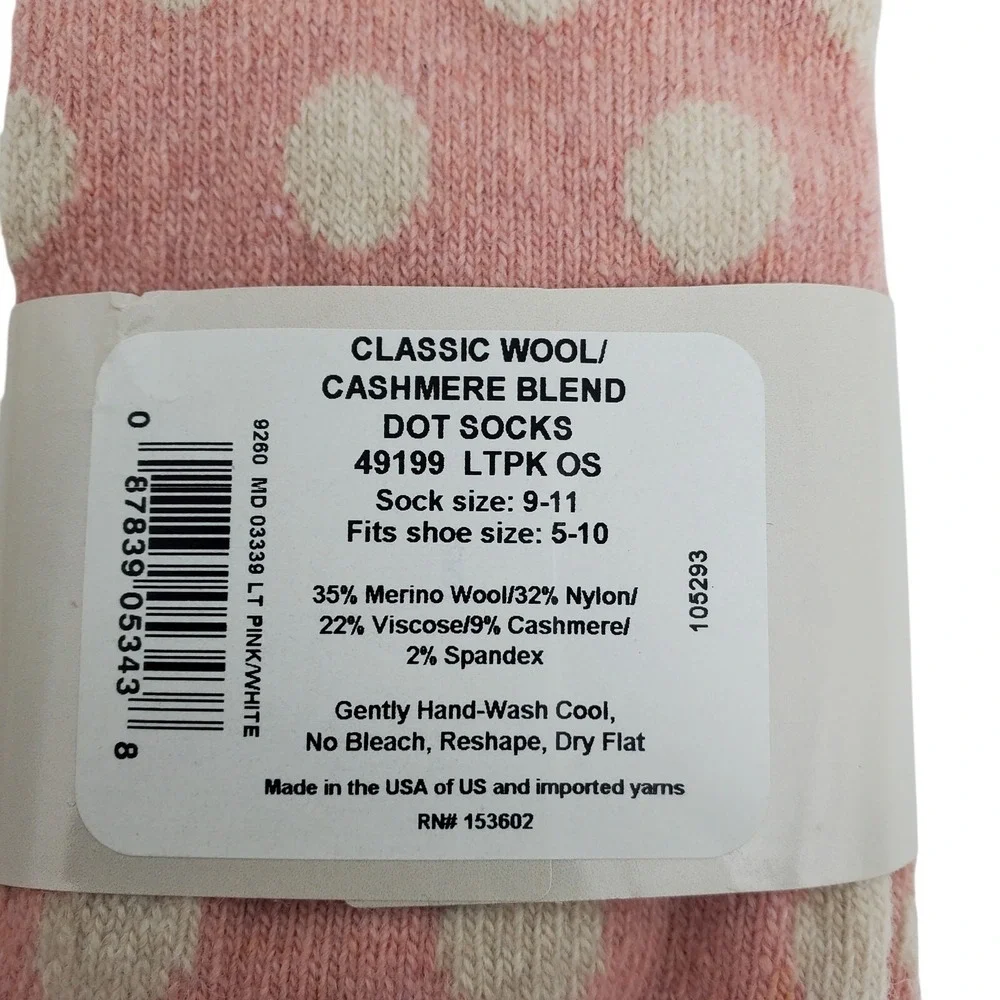 Pink Cream Dot Crew Socks Medium Garnet Hill 9-11 Warm Cozy Cashmere Blend NEW M